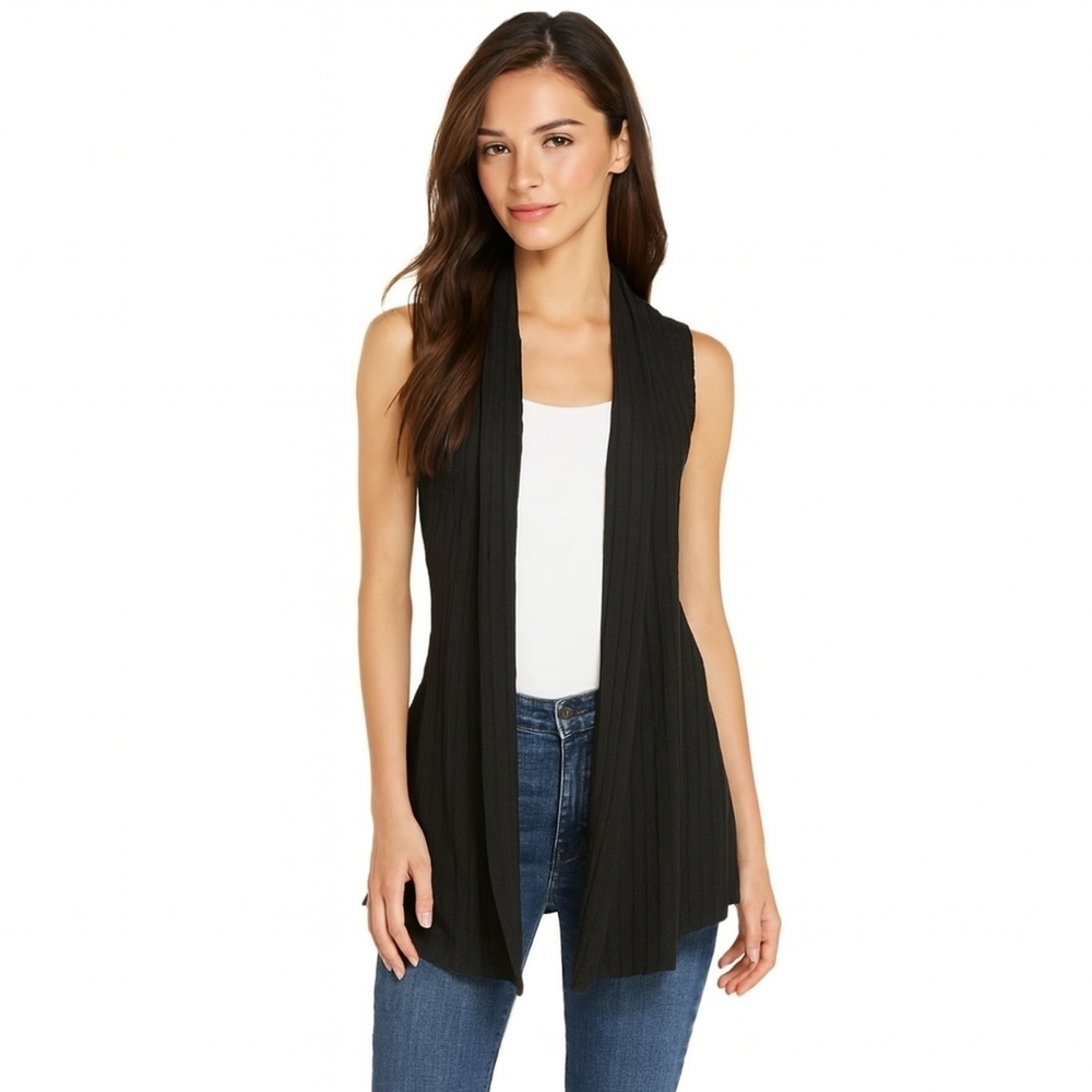 COLDWATER Creek Black Open Front Sleeveless Knit Cardigan Vest Sweater Size XS